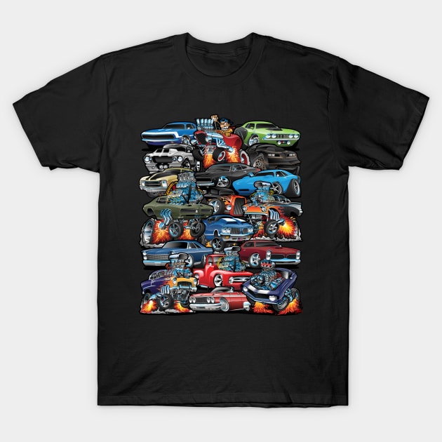 Car Madness! Muscle Cars, Classic Cars and Hot Rods Cartoon T-Shirt by hobrath